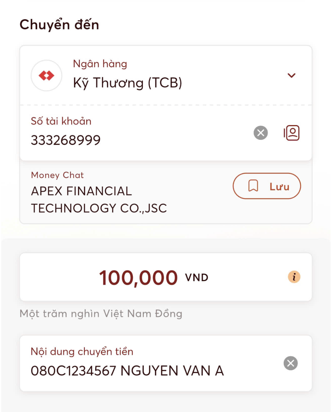 Ví dụ nhập nội dung chuyển tiền trên ứng dụng Techcombank